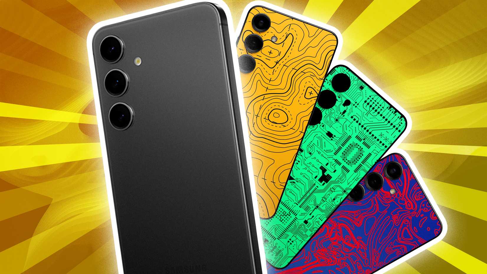 A collage of a Samsung phone and three customised Dbrand skins