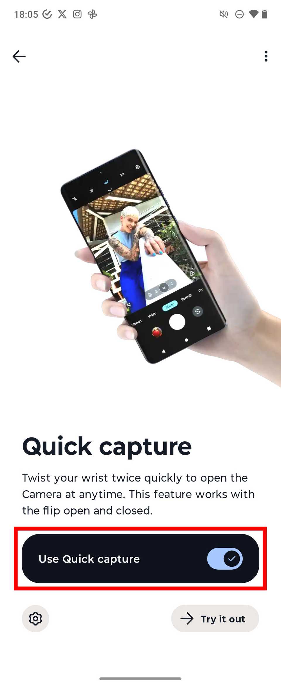 Red rectangle highlighting Use Quick capture toggle
