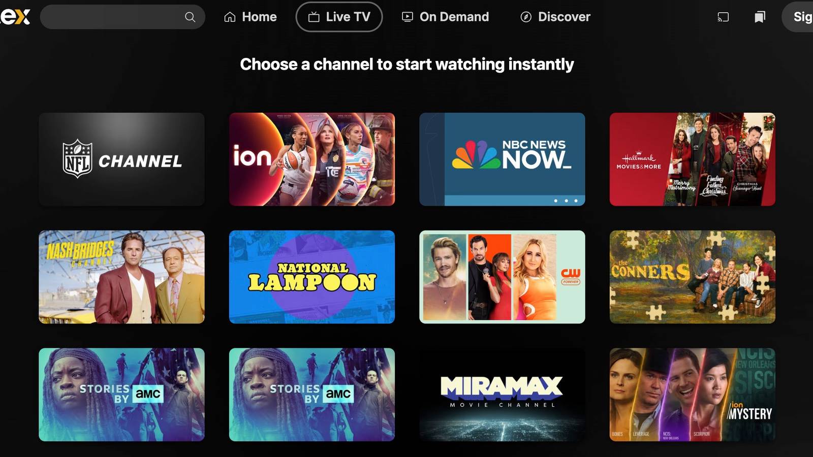 The Plex TV home screen showing live TV channels