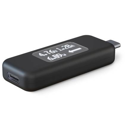 A USB-C power meter against a white backdrop.