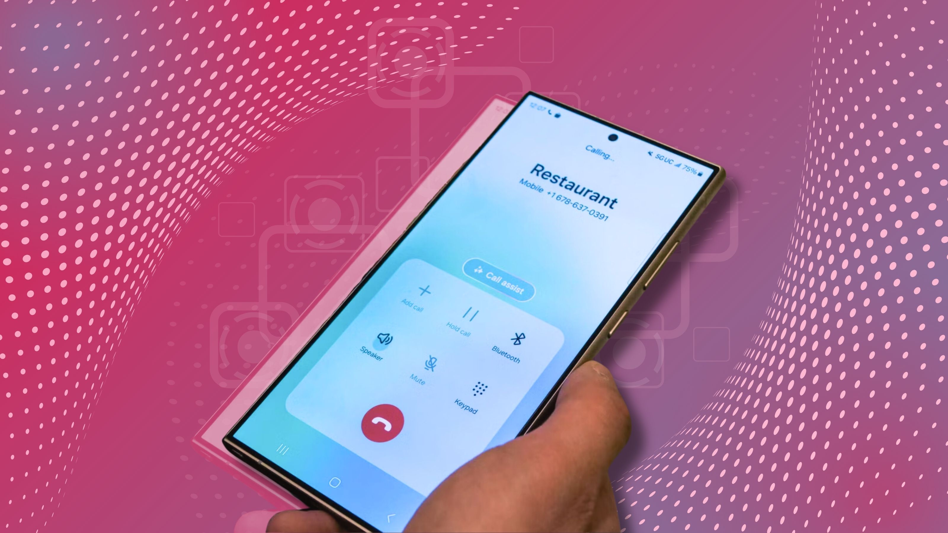 Holding a phone showing a call in progress on a samsung galaxy s24 ultra