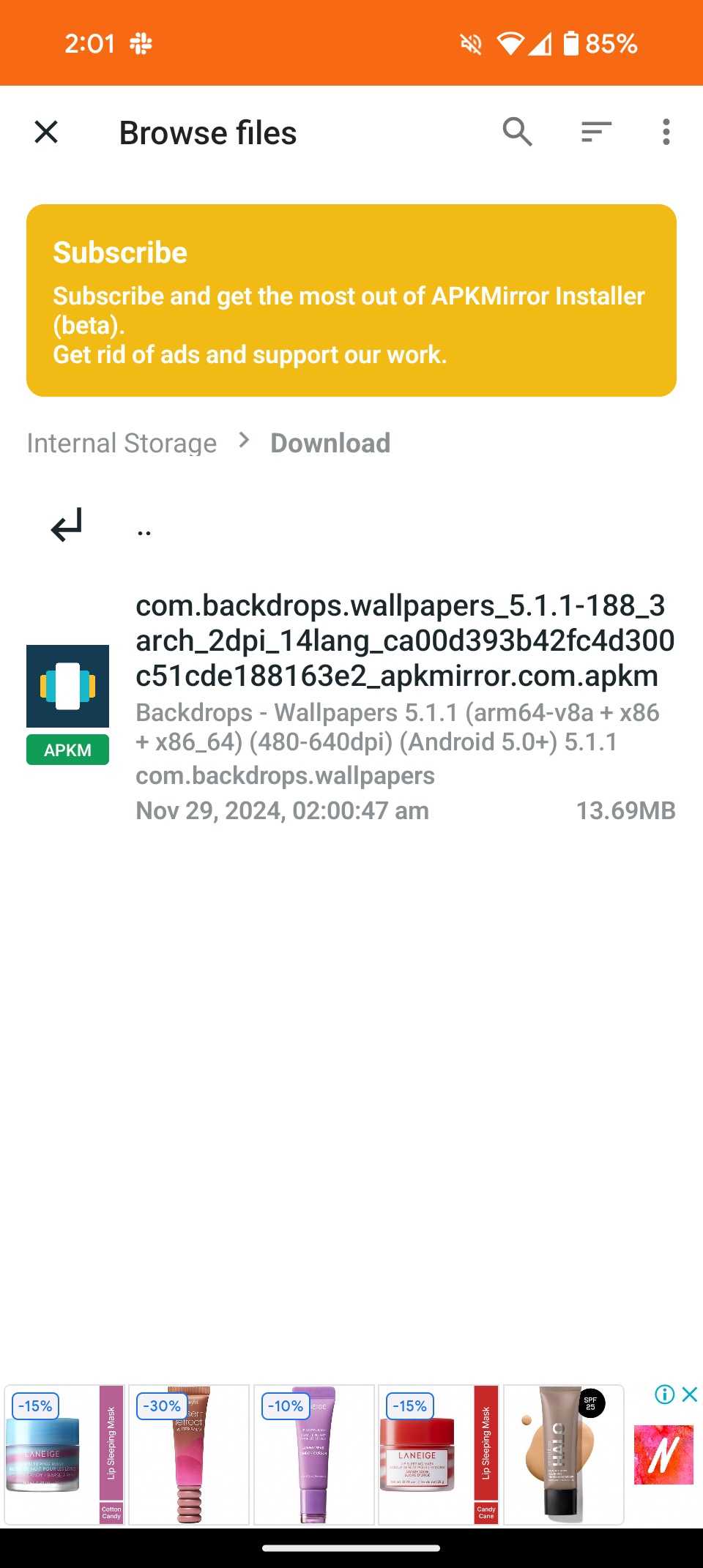 كيفية العودة إلى الإصدار الأقدم من التطبيق على Android 13 واجهة تصفح الملفات APKMirror مع إدراج معلومات الملف
