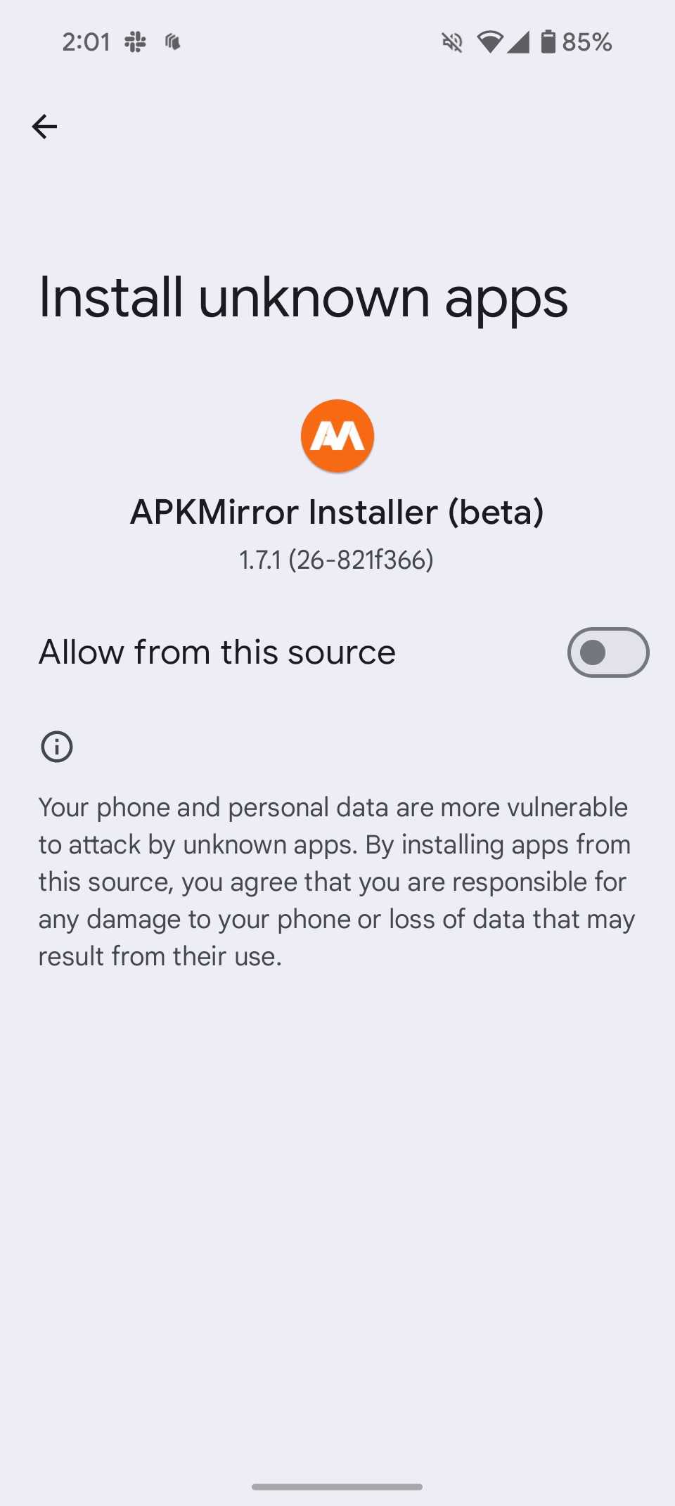 كيفية العودة إلى الإصدار الأقدم من التطبيق على Android 16 قم بتثبيت إعدادات التطبيقات غير المعروفة لـ APKMirror من خلال التبديل إلى جانب السماح من هذا المصدر