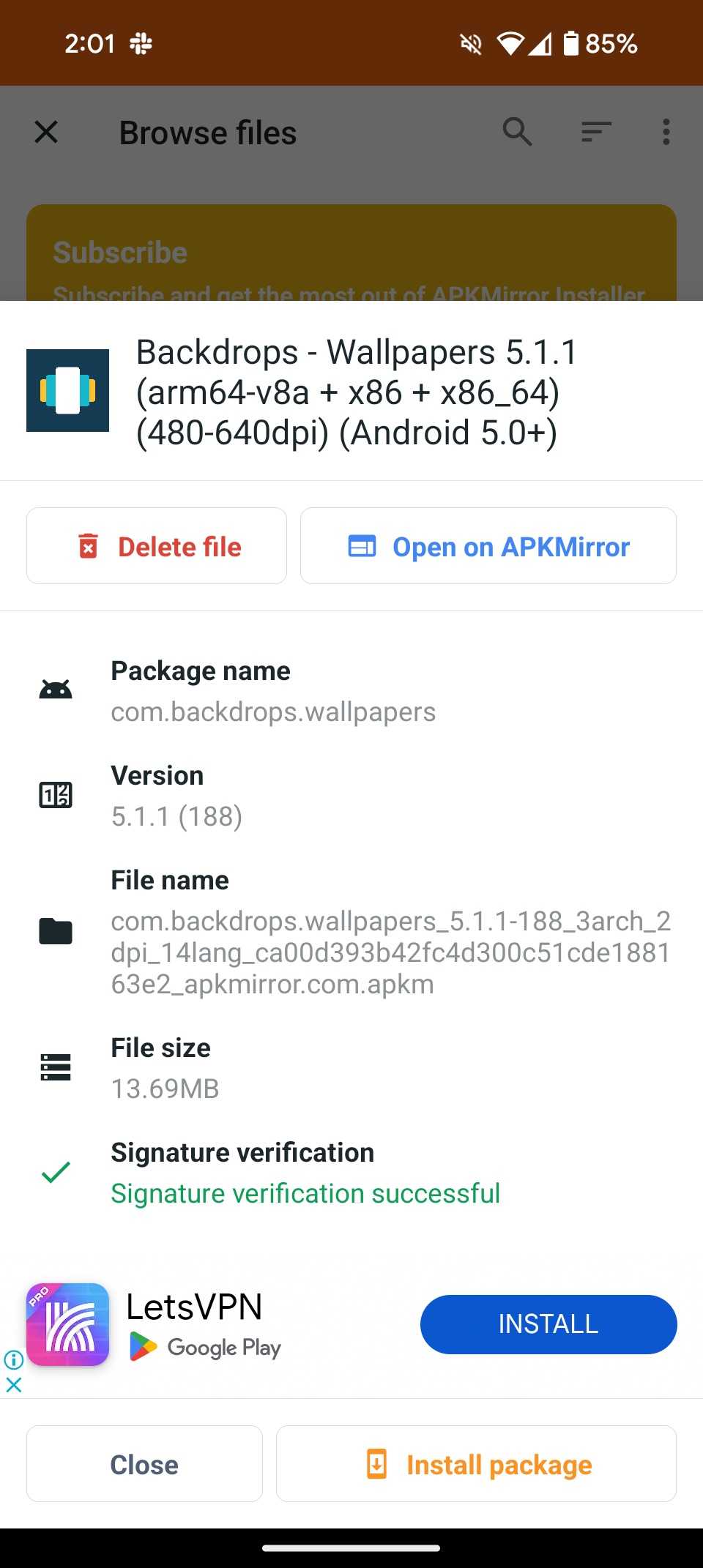 كيفية العودة إلى الإصدار الأقدم من التطبيق على Android 14 تفاصيل ملف التطبيق مرئية في APKMirror Installer