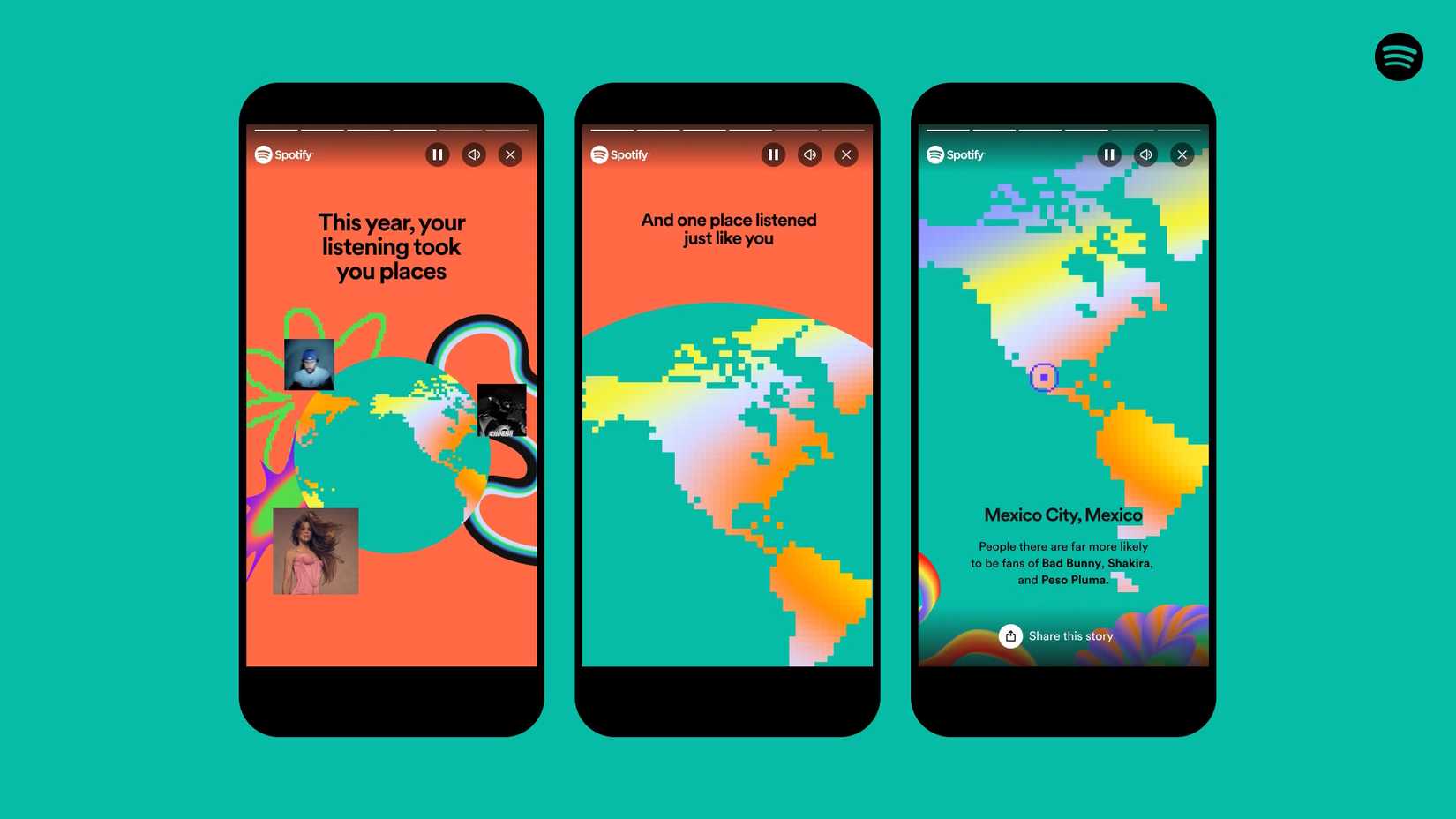 Três imagens de telefone lado a lado mostrando a cidade sonora do Spotify em um fundo verde