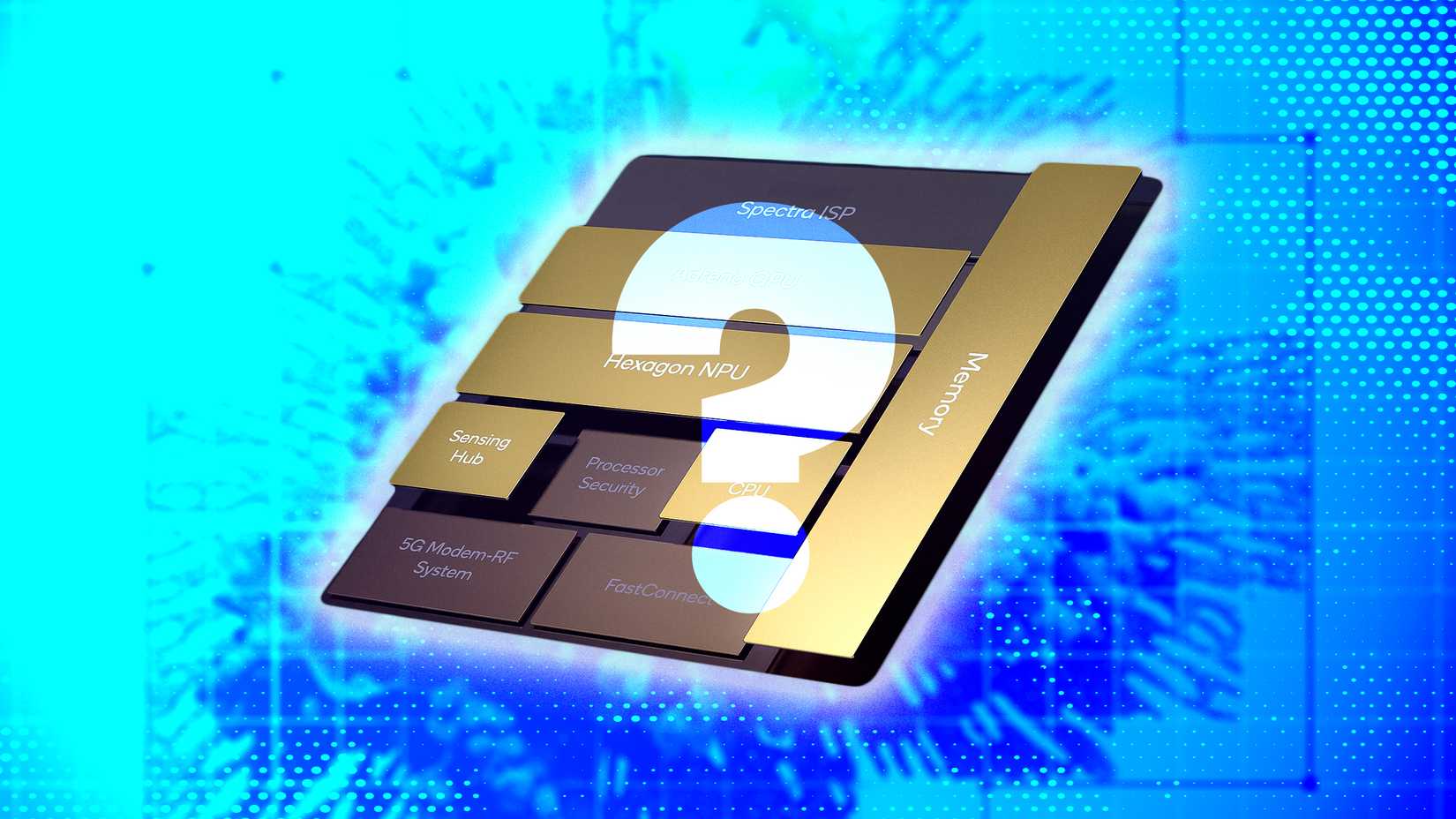 a block diagram of a smartphone system chip with translucent question mark layered on top against a blue background