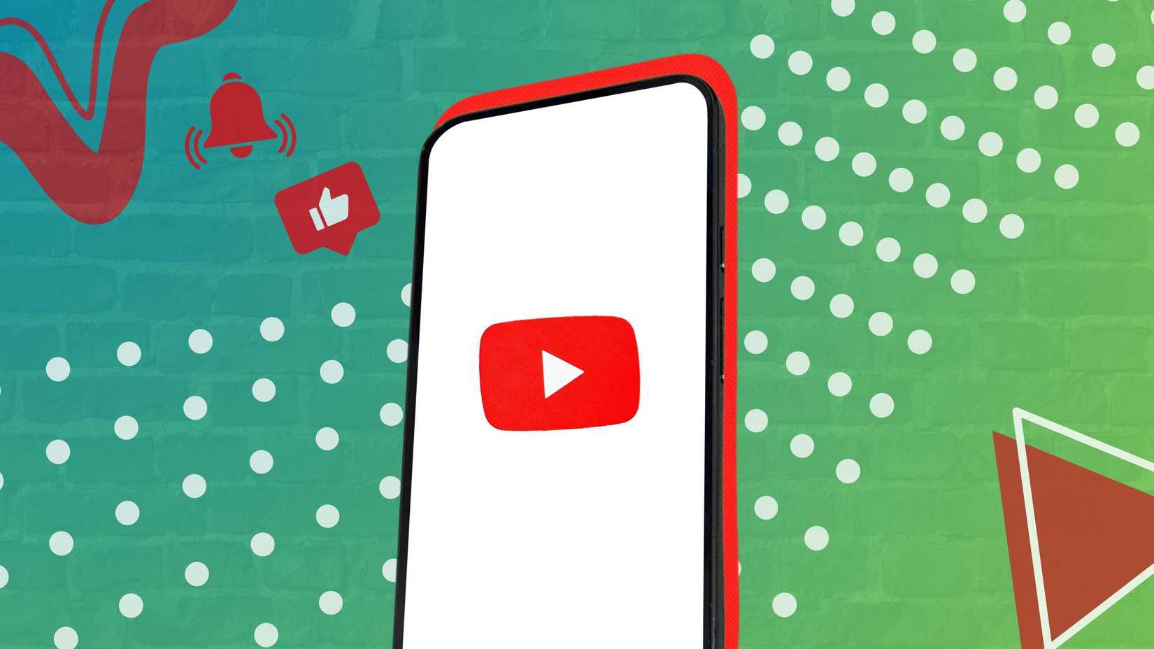 ilustração de telefone em branco com ícone do YouTube em um fundo verde com ícones de curtir e assinar