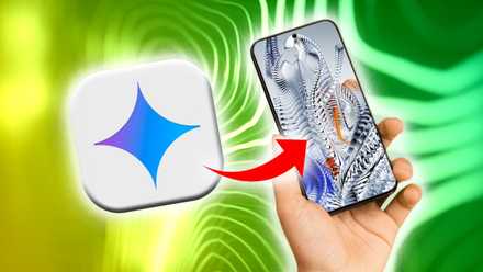 a phone in hand with an abstract wallpaper next to the google gemini logo