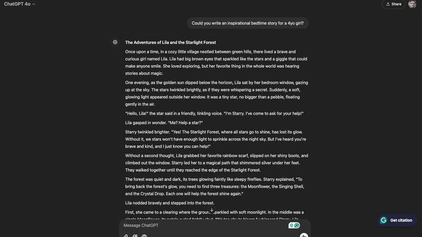 Una favola della buonanotte motivante generata da ChatGPT