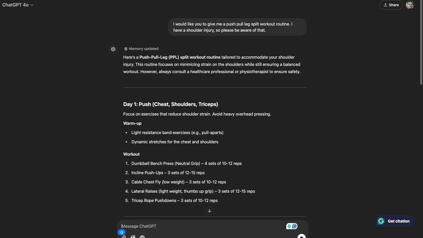   Un allenamento Push-Pull-Leg (PPL) generato da ChatGPT e adattato per un infortunio alla spalla con particolare attenzione alla riduzione dello sforzo durante gli esercizi per torace, spalle e tricipiti.