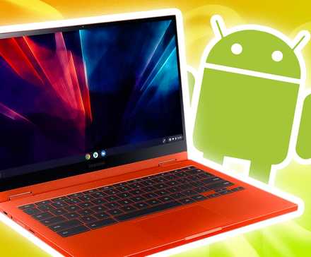 Chromebook aberto em um fundo colorido com o logotipo do Android atrás dele