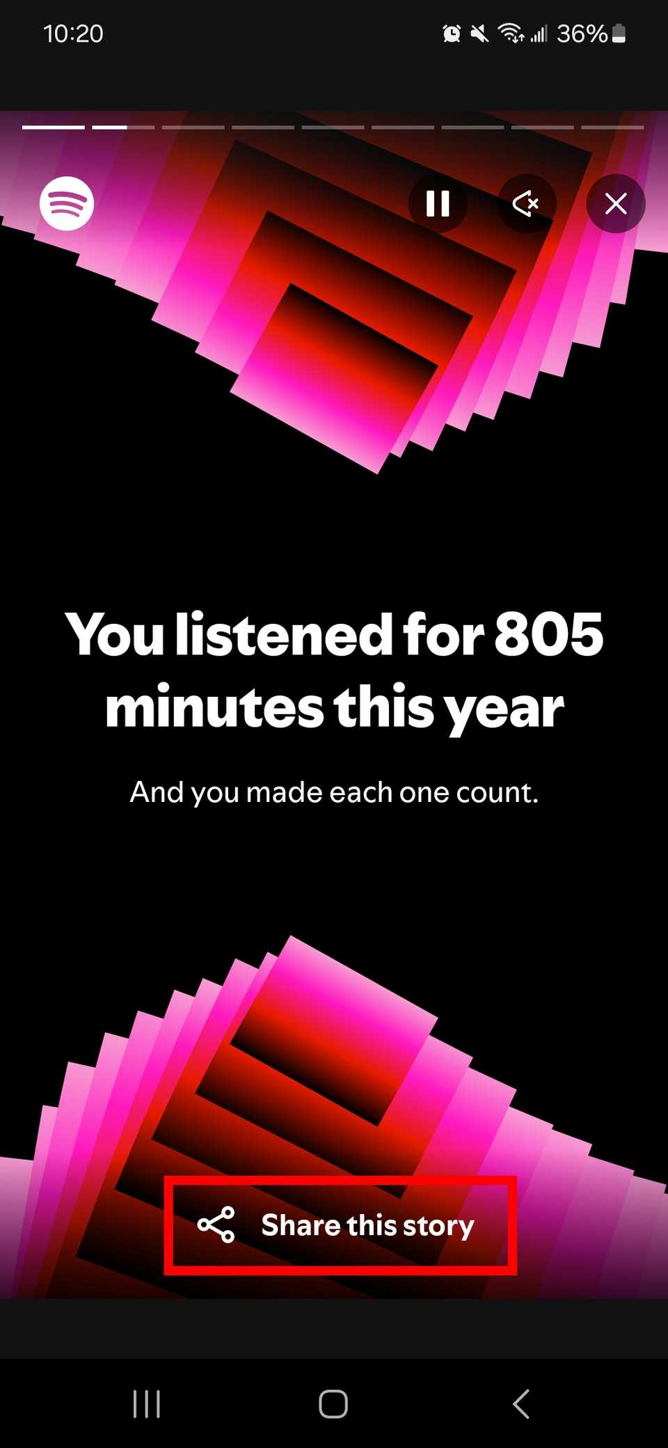 تسليط الضوء على مخطط مستطيل أحمر شارك هذه القصة في شريحة Spotify Wrapped 2024