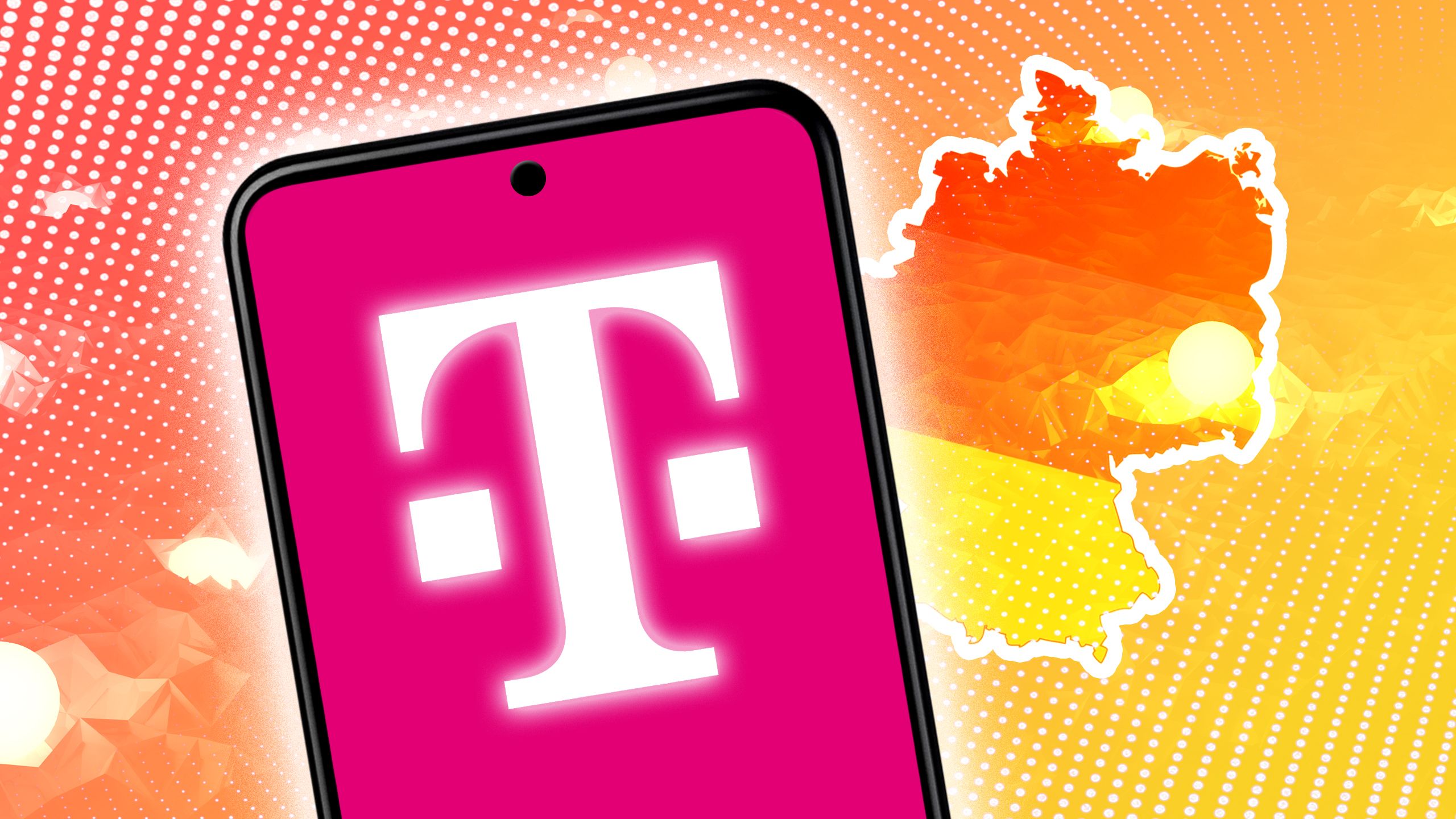 Uno smartphone su uno sfondo giallo che mostra il logo T-Mobile sullo schermo 