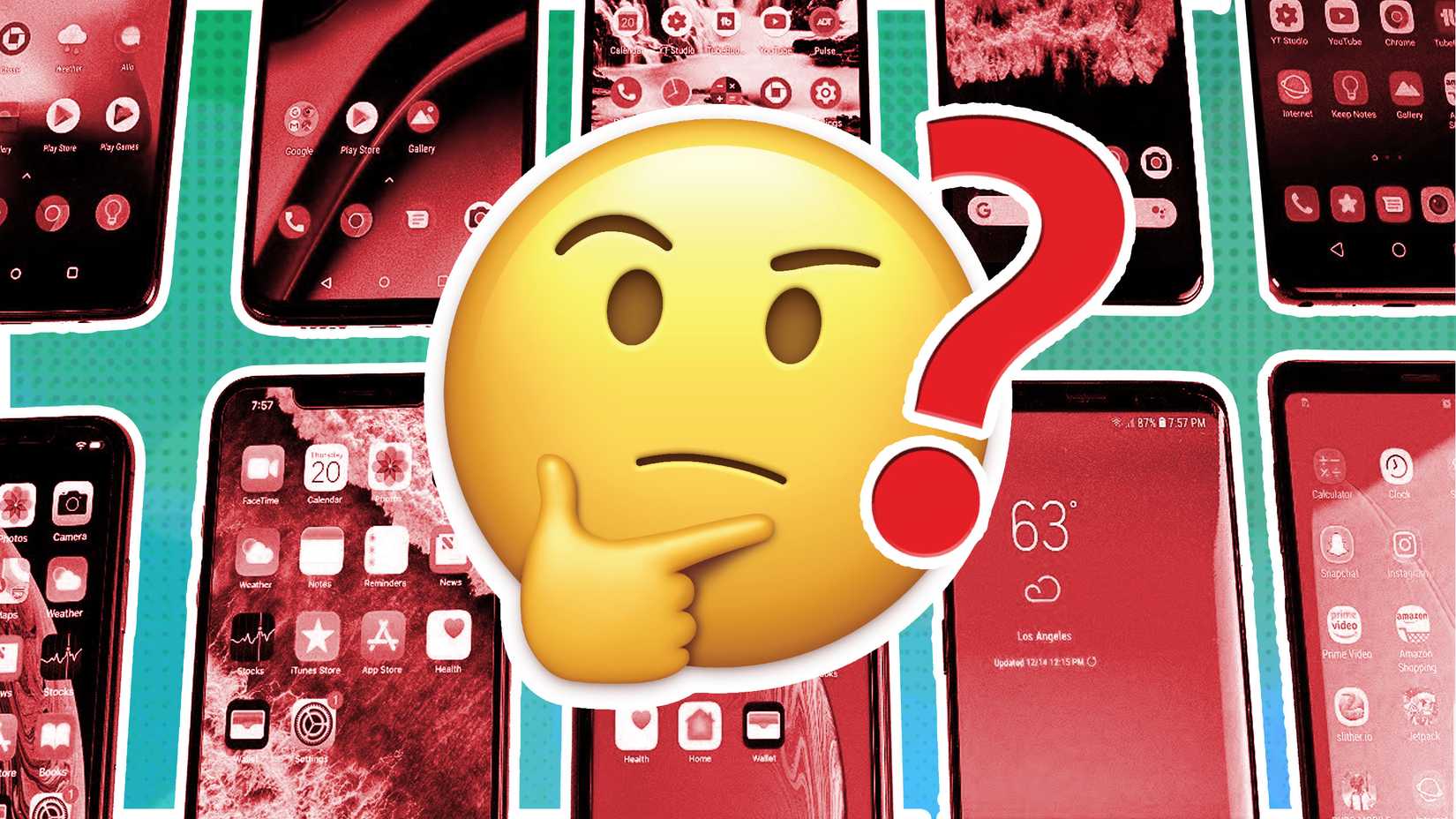 um emoji de rosto pensativo e um ponto de interrogação vermelho na frente de uma colagem de smartphones