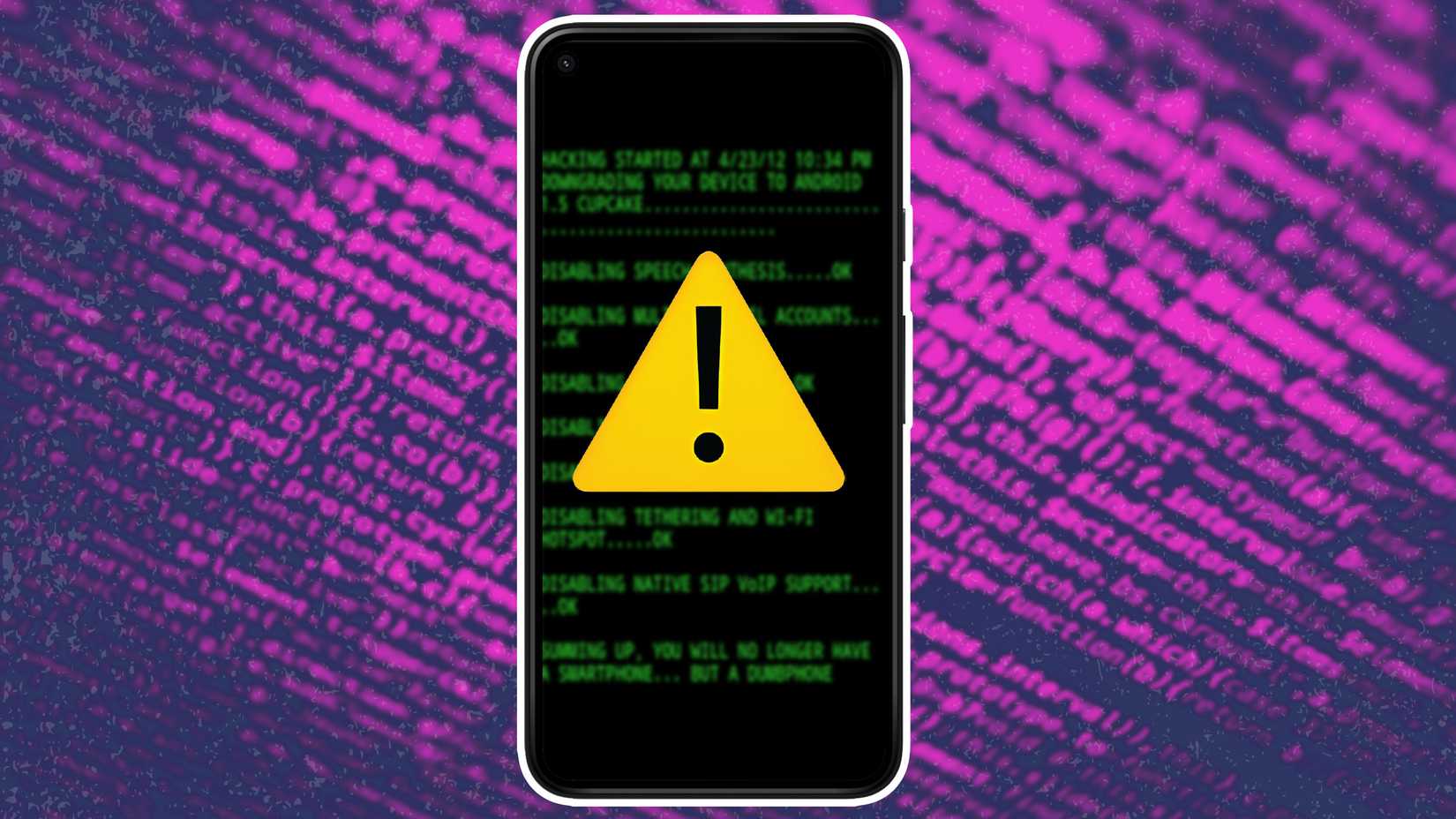 A smartphone with a warning sign against a background with code