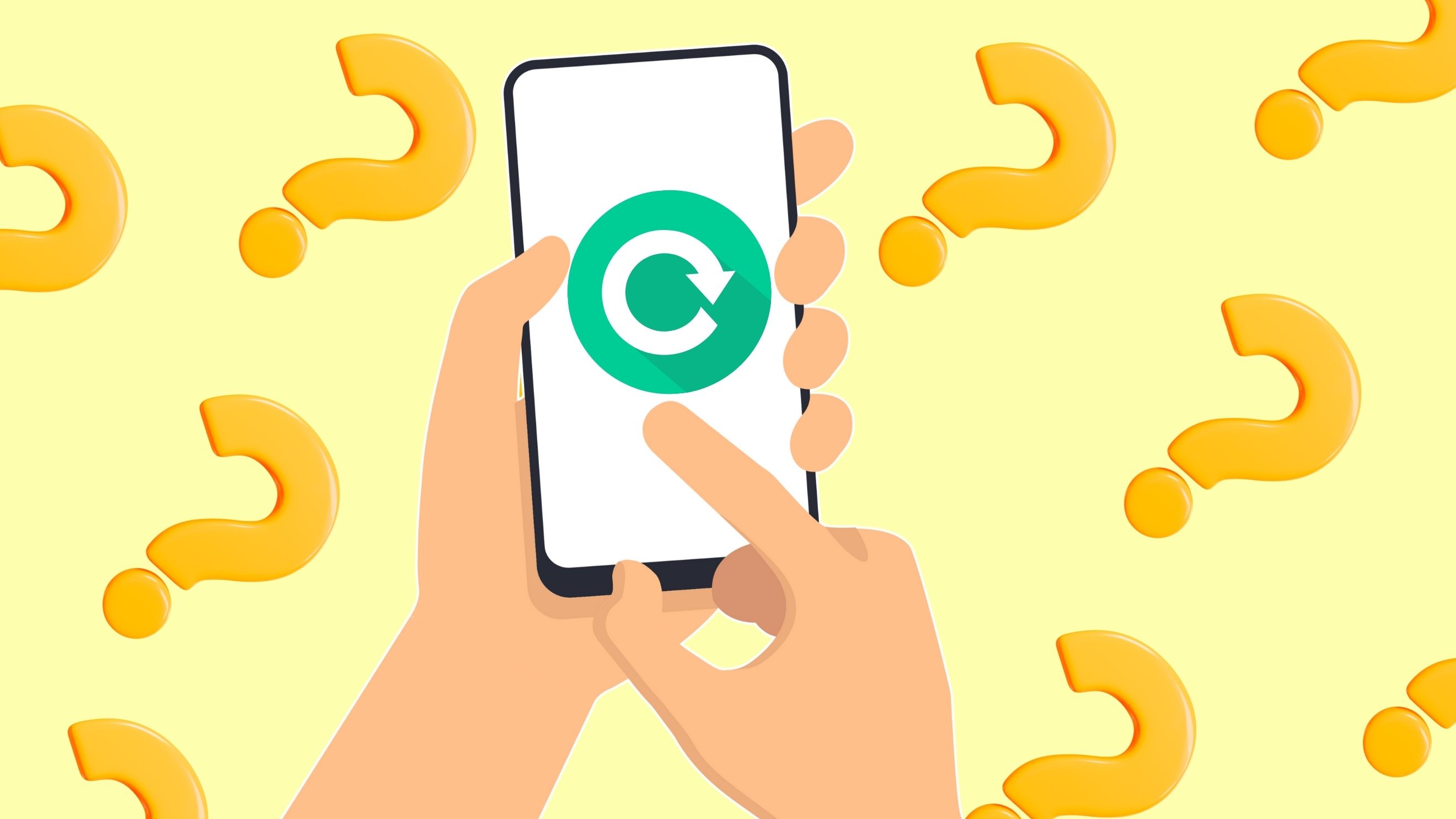 mani illustrate che tengono un telefono con il simbolo di ripetizione con punti interrogativi sullo sfondo