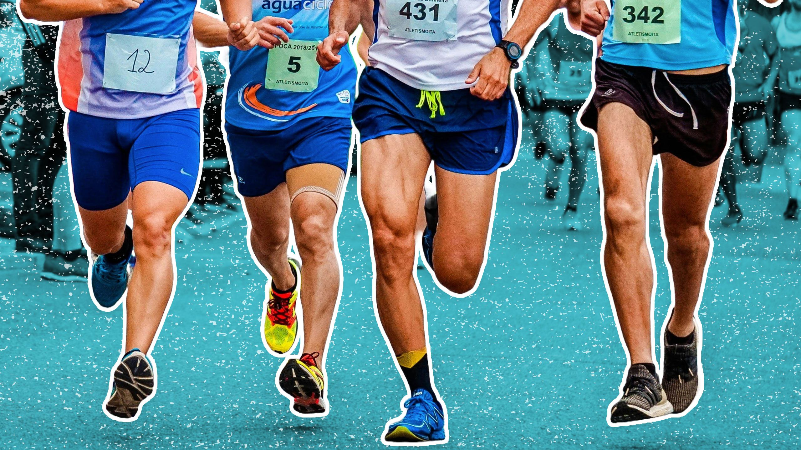 un'illustrazione ritagliata di quattro paia di gambe che corrono in una maratona 