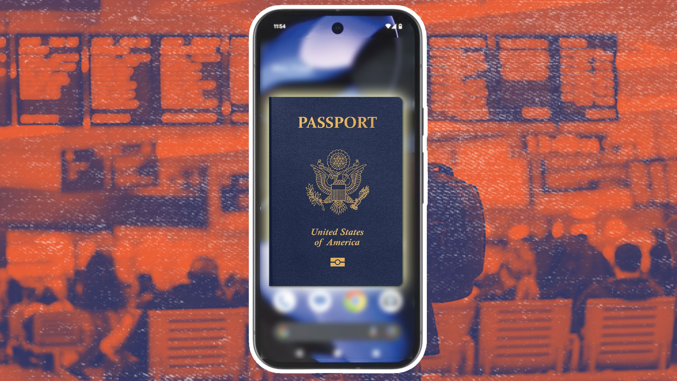 An Android phone with a US passport on top of the screen with a blurred background of a waiting area at a terminal in an airport