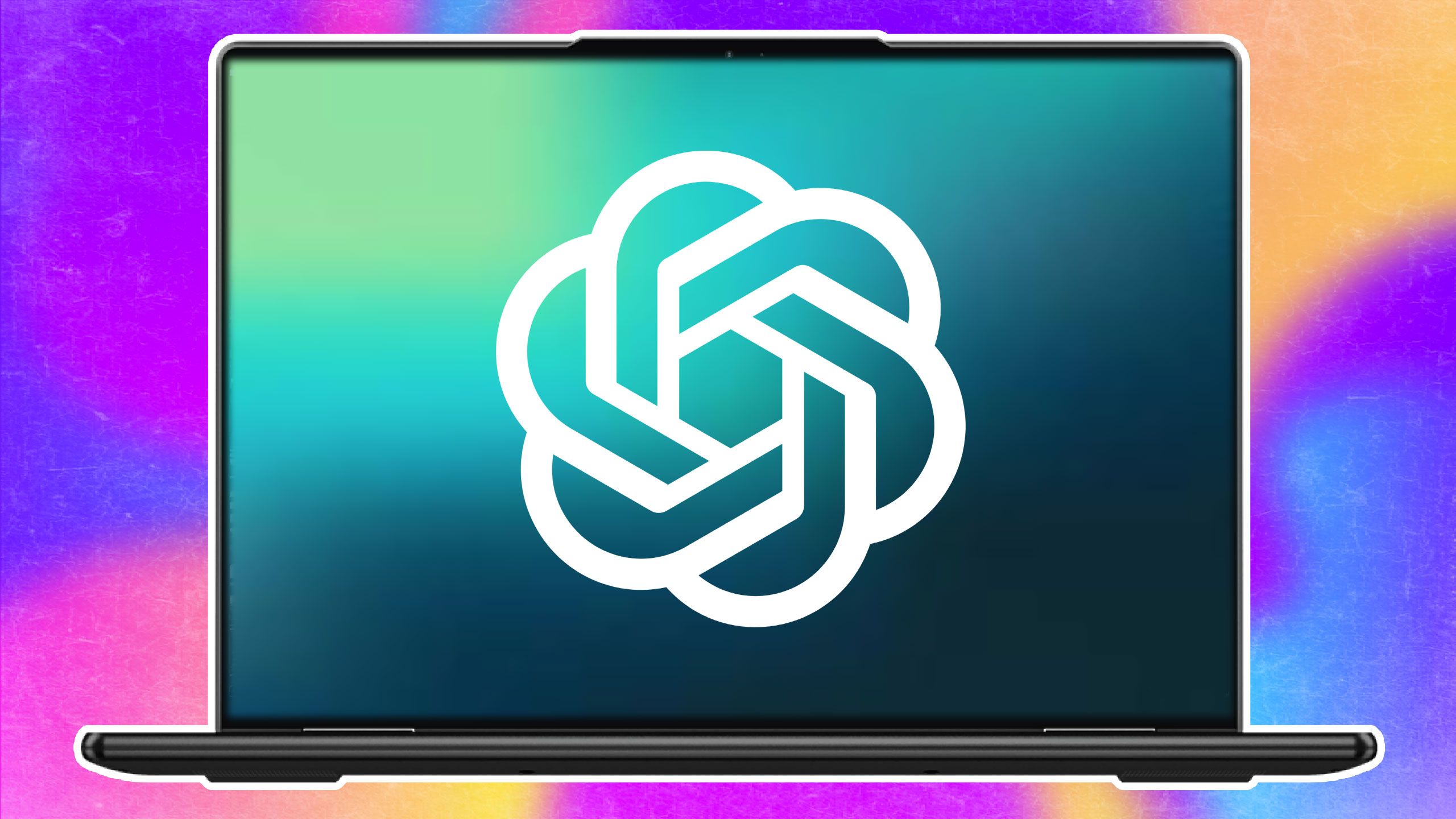 Immagine di un laptop con il logo OpenAI sullo schermo su uno sfondo multicolore