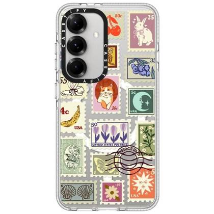 a transparent case with stamps on a smartphone on a white background