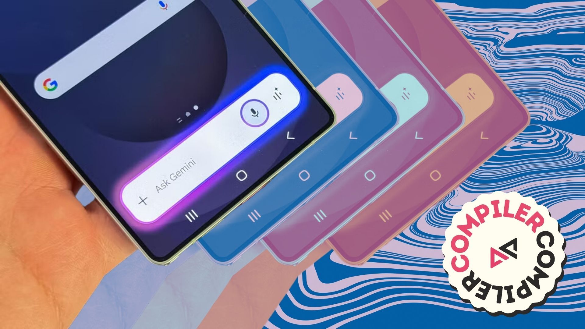 A graphic depicting several Galaxy S25 phones showing the Gemini overlay