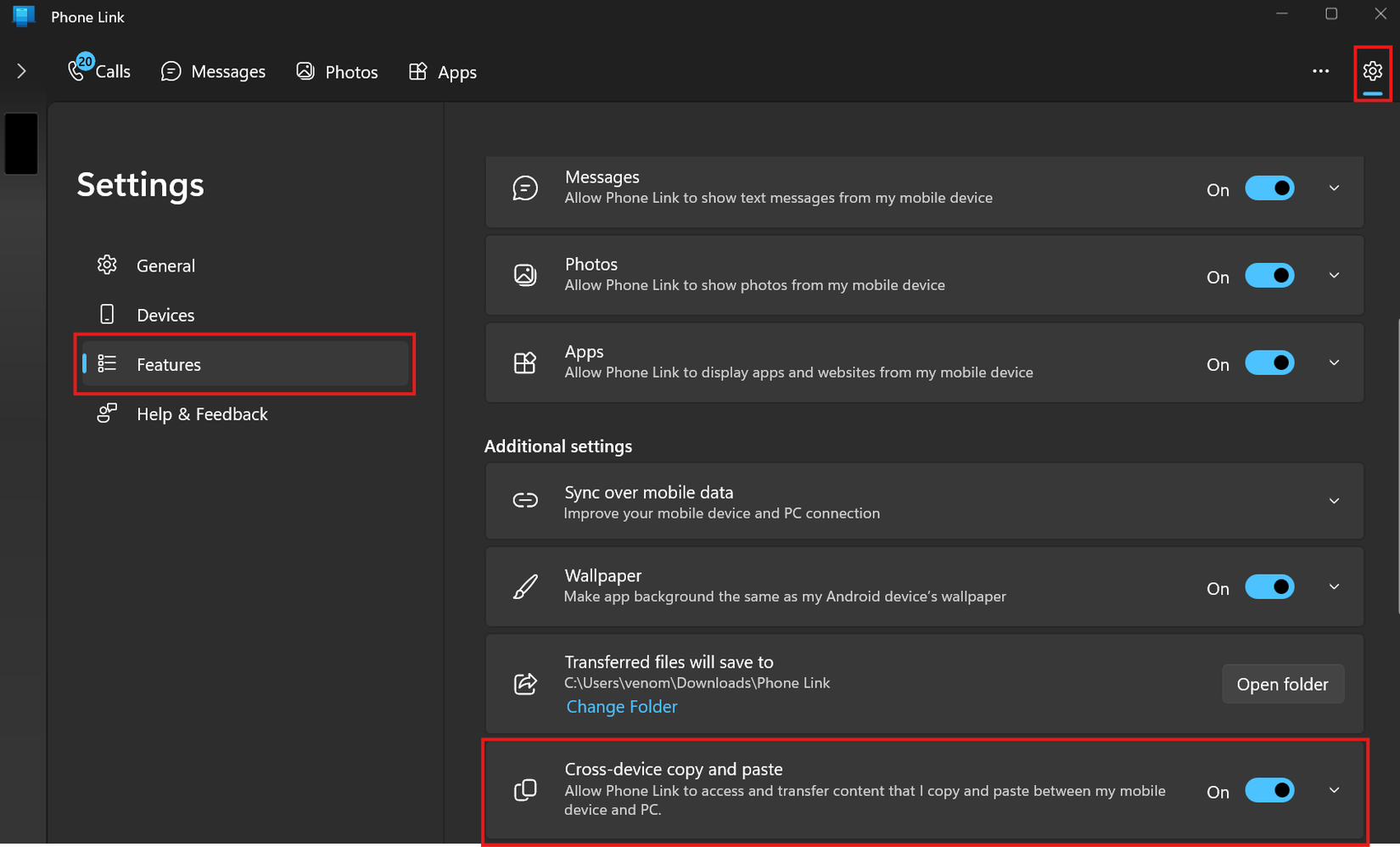 Cross-device copy and paste setting in Windows Phone Link