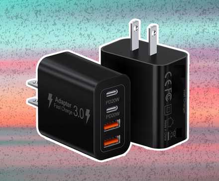 a pair of USB-A / USB-C charging blocks against a multicolored background