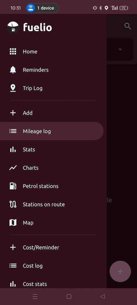 Différentes options de menu dans l'application Fuelio
