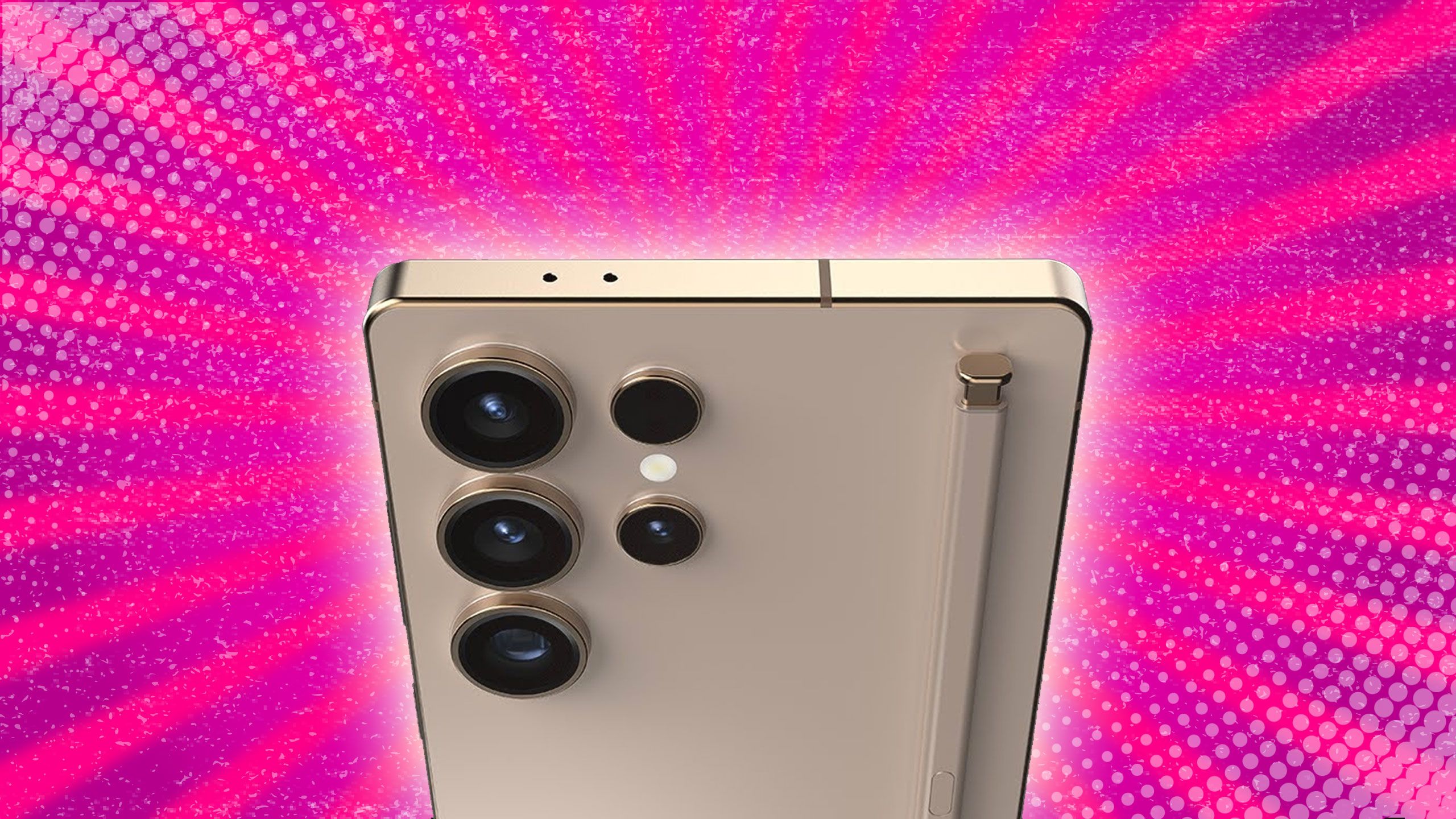 Il retro di un Samsung Galaxy S25 Ultra con la S Pen su uno sfondo rosa