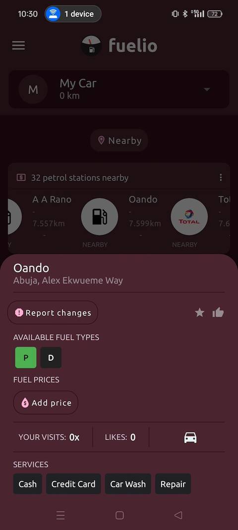 Informazioni sulla stazione di servizio NNPC sull'app Fuelio