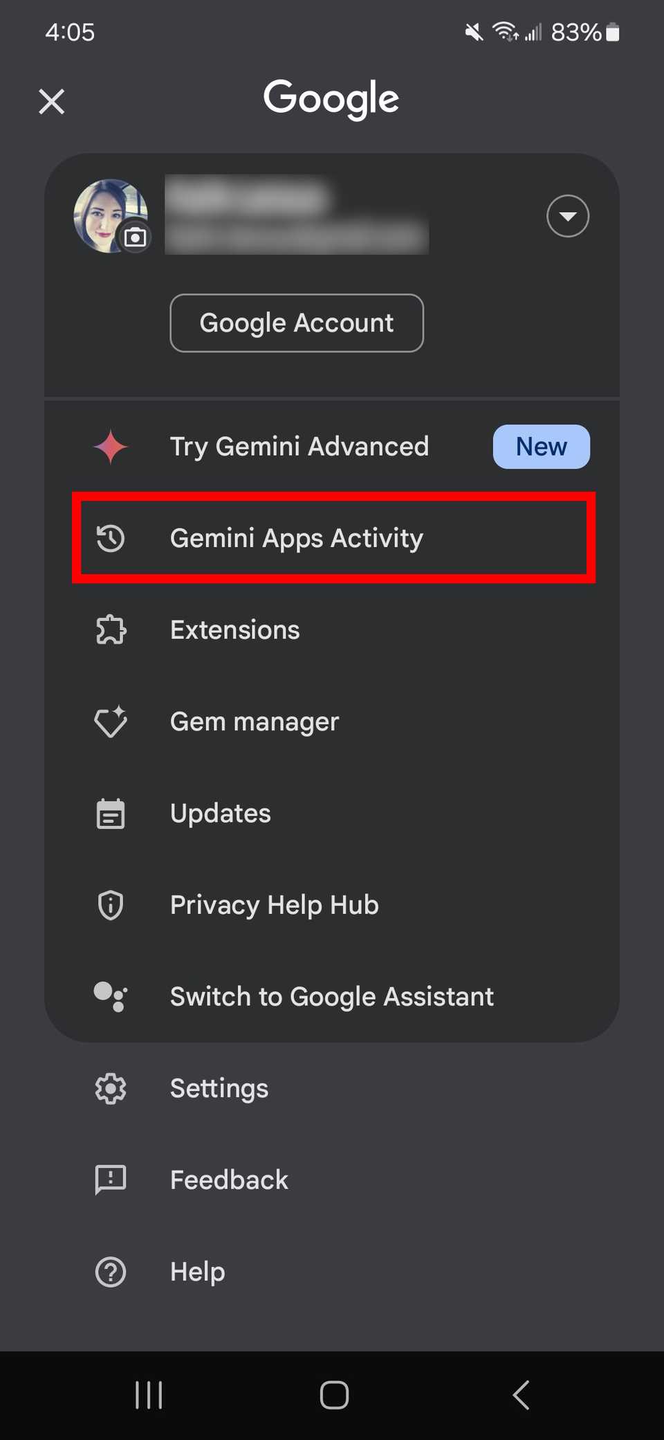 Red rectangle outline over Gemini Apps Activity in Google profile in Gemini app