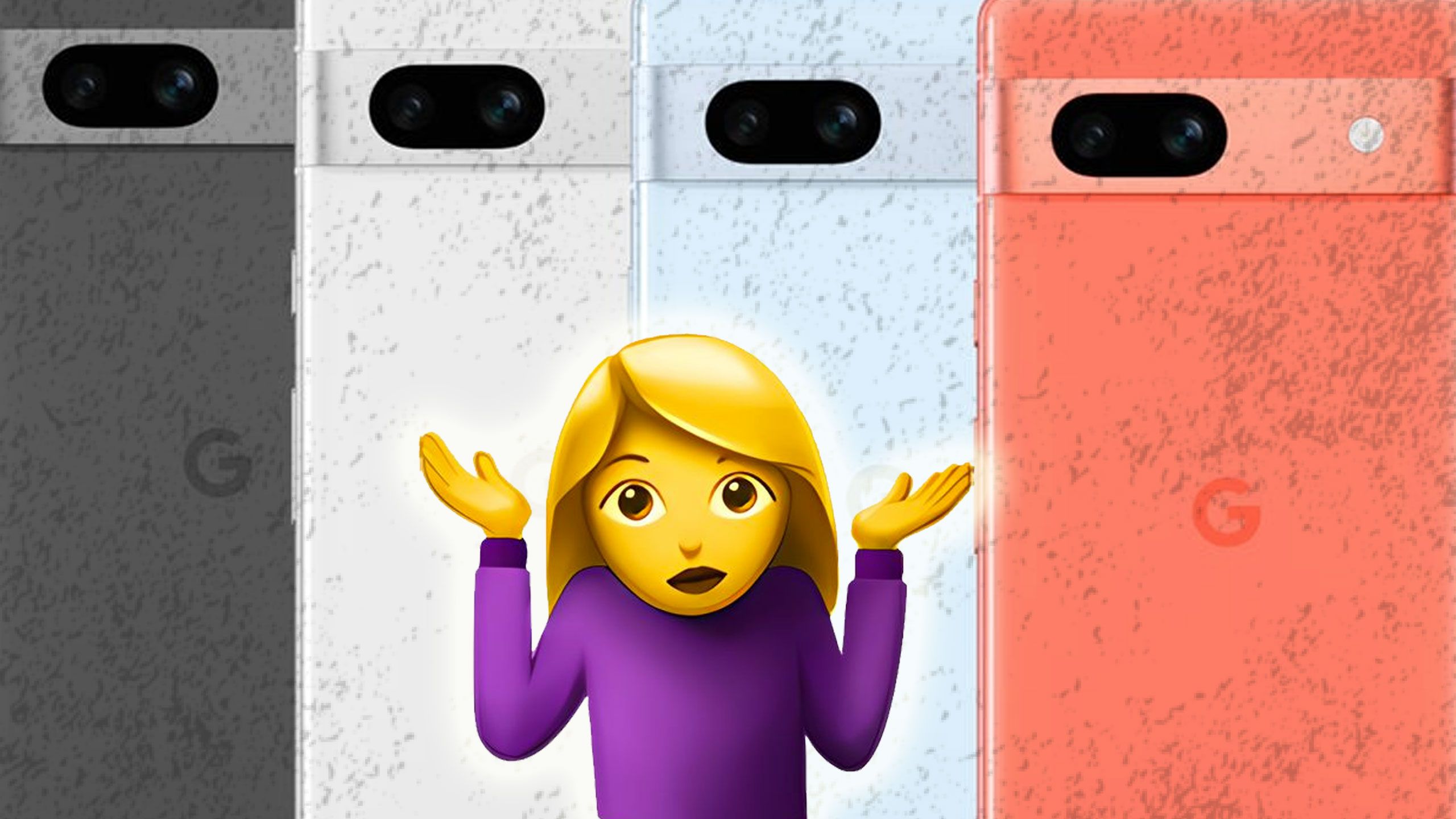 Quattro Google Pixel che mostrano colori diversi con un'emoji che alza le spalle davanti