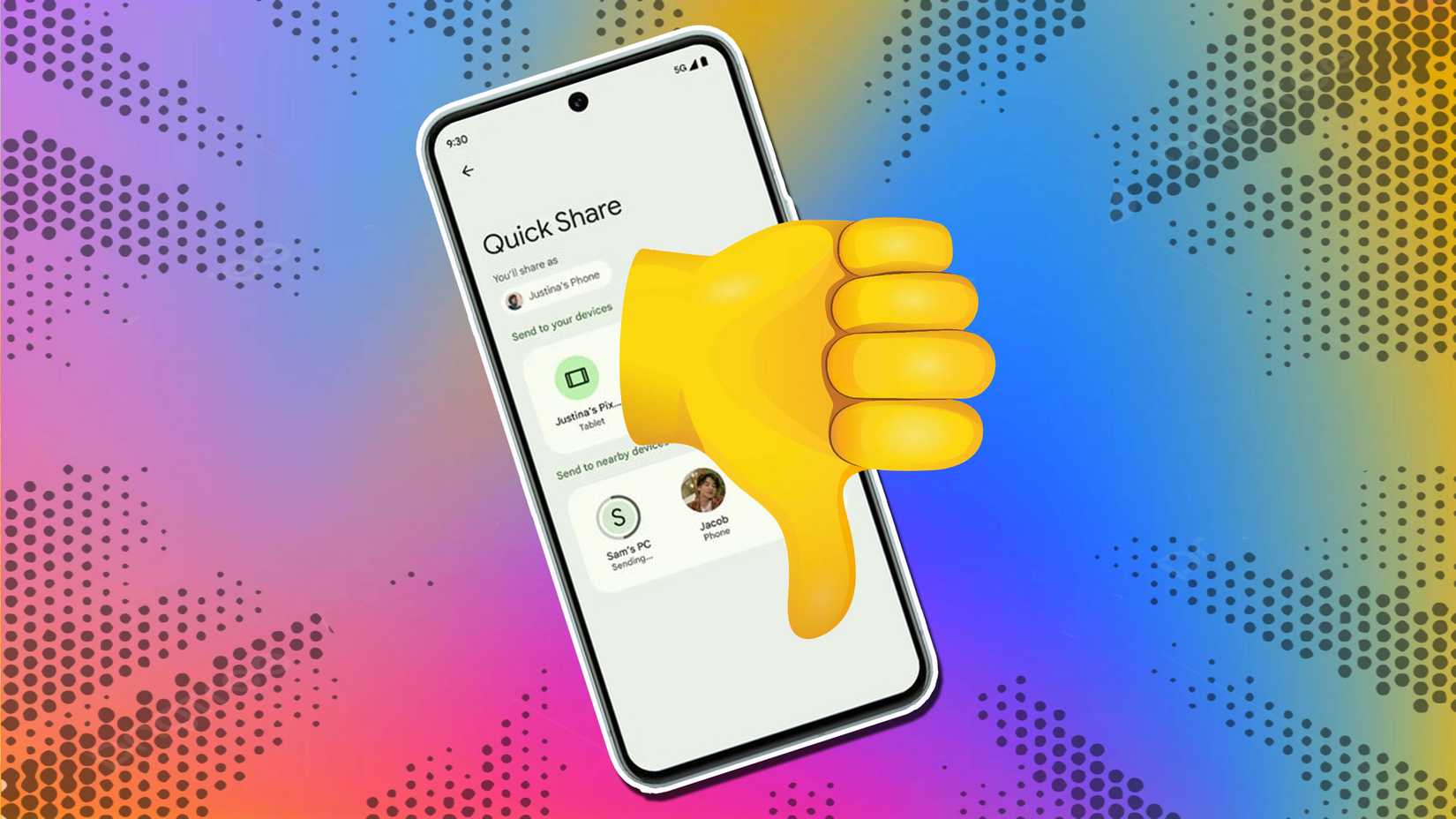 Opções do Google Quick Share em um telefone com um emoji de polegar para baixo na frente dele.