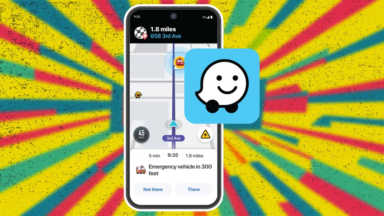 waze icon on smartphone on yellow blue and red background