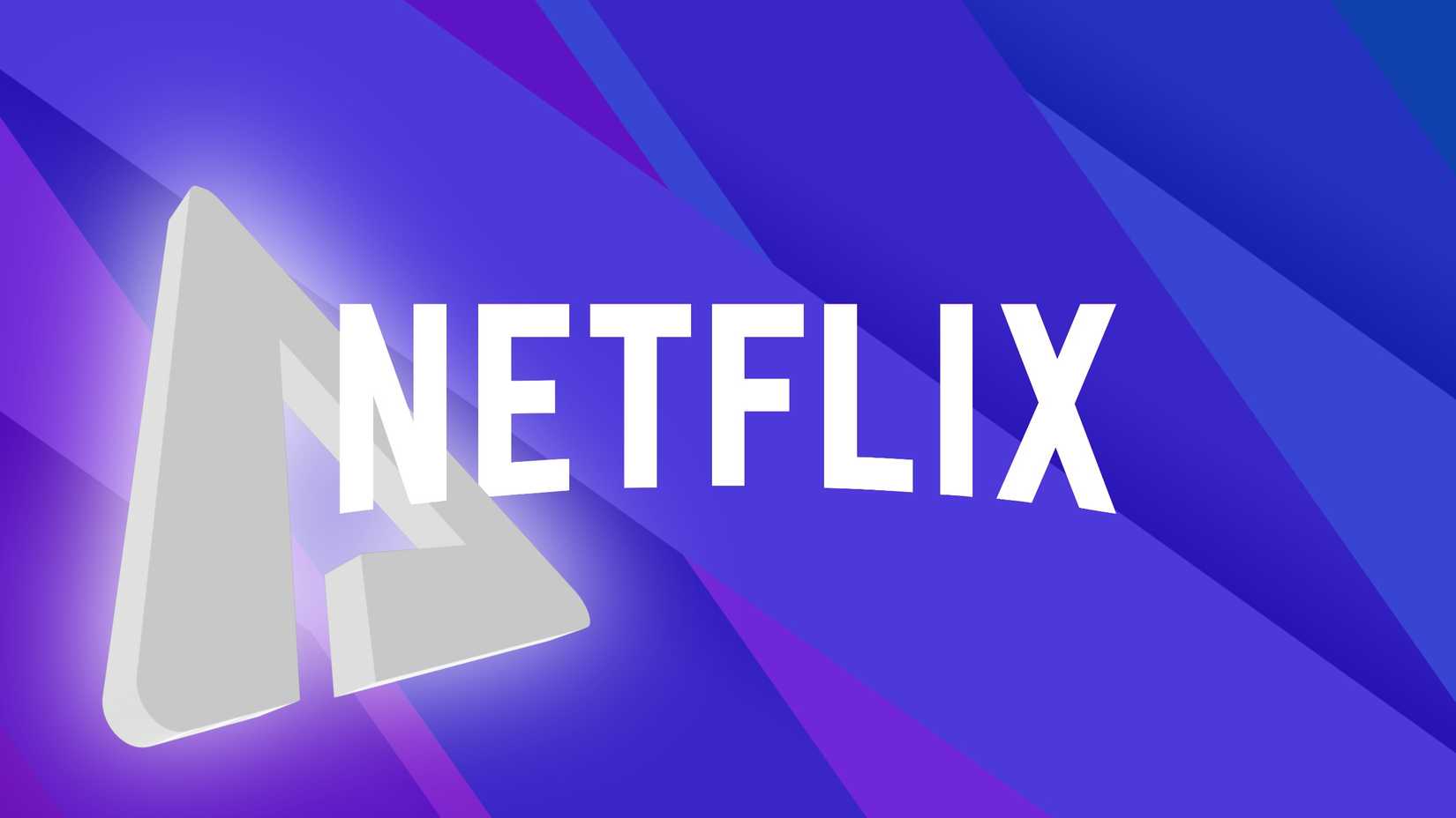 Texto da Netflix no centro cruzando o logotipo da AP em um fundo azul-púrpura