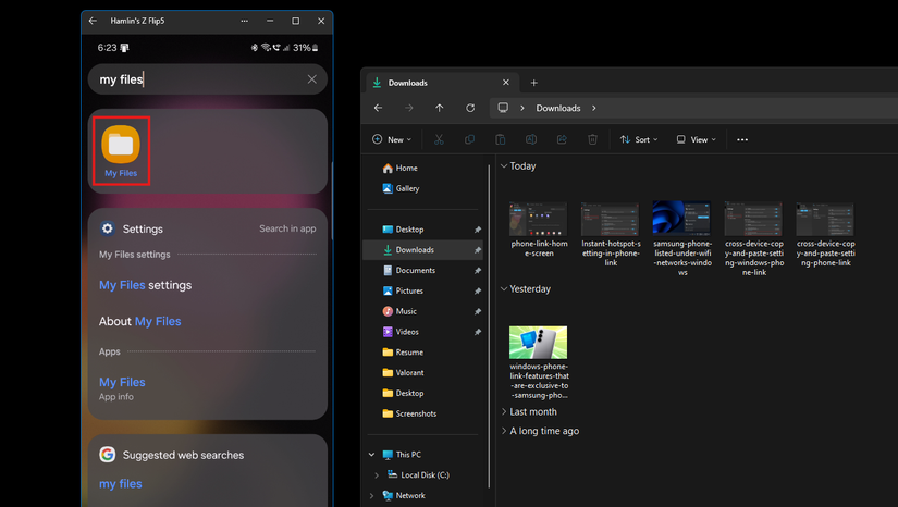 Abrindo o aplicativo Meus Arquivos usando o espelhamento do Phone Link