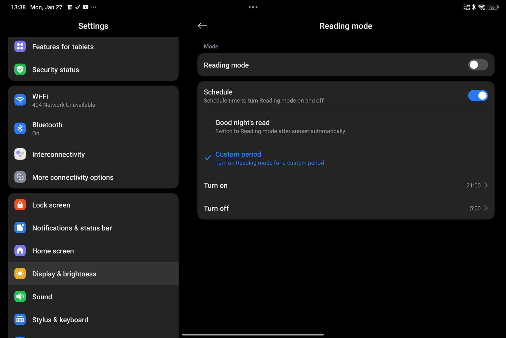 Agendamento do modo de leitura no tablet Android
