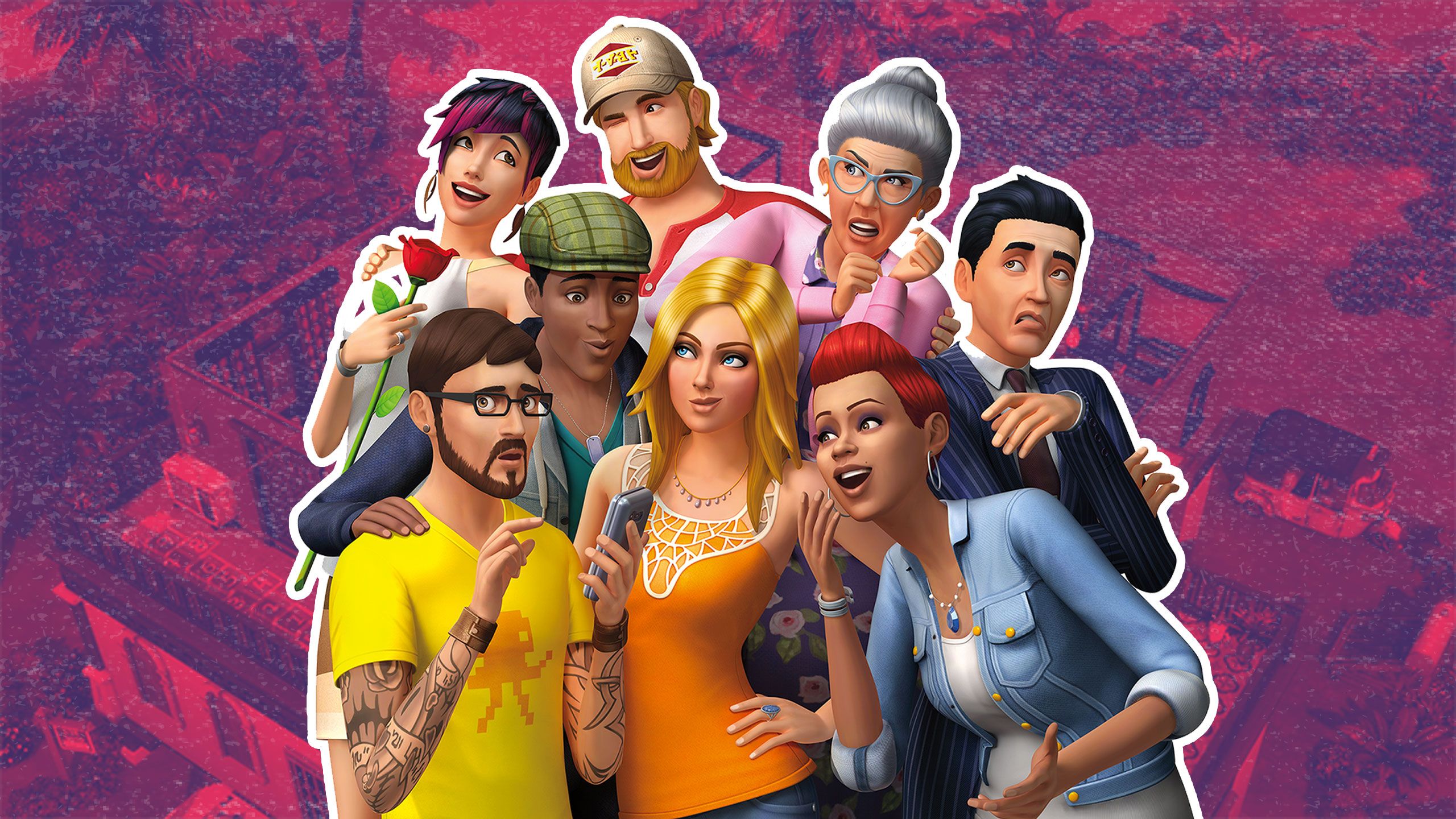 Several Sims from the game The Sims 4 posing in front of a purple and pink background