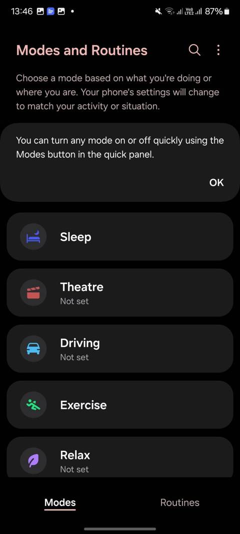 Screenshot showing Modes in One UI