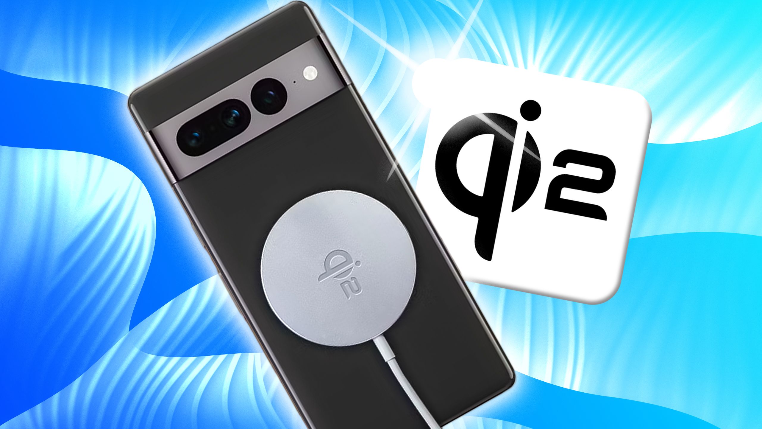 Etichetta Qi2 con caricabatterie sul retro di un telefono su sfondo blu chiaro e medio