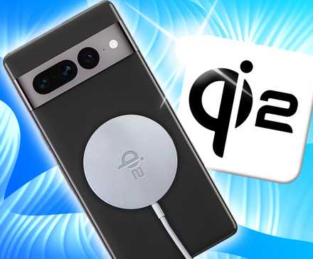 Qi2 label with charger on the back of a phone on a light and medium blue background