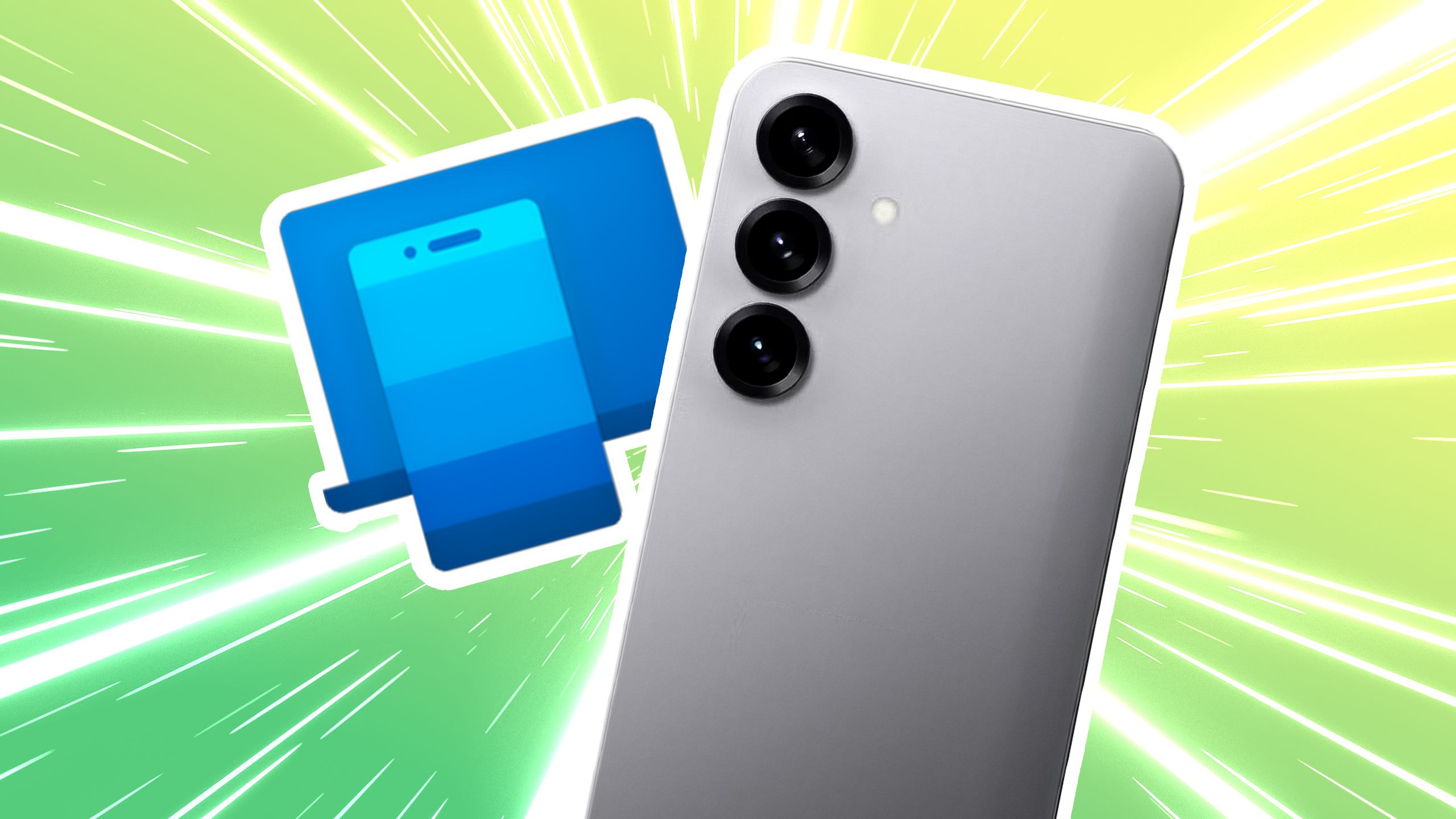 A Samsung Galaxy phone next to Windows Phone Link logo