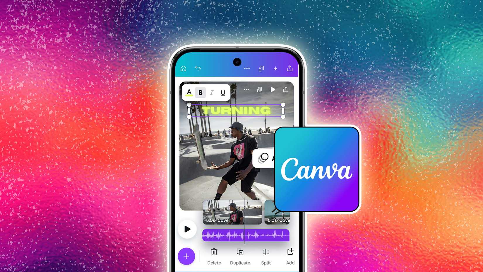 Fundo rosa e roxo com Canva estilizado em um telefone e logotipo do Canva sobreposto na parte superior