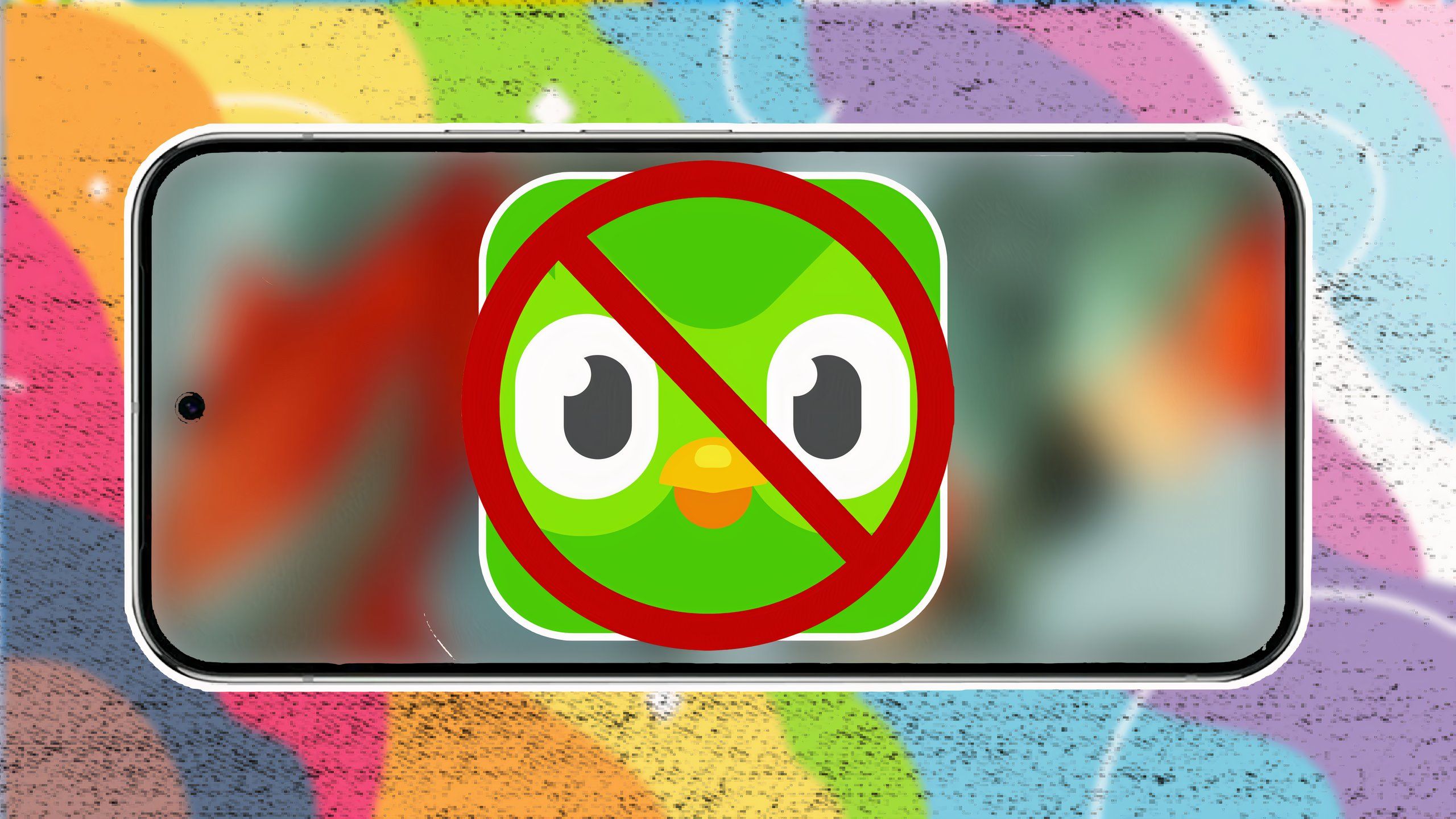 Render of a phone with the Duolingo owl mascot crossed out with the no symbol on a colorful background