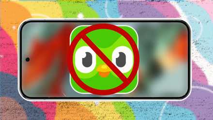 Render of a phone with the Duolingo owl mascot crossed out with the no symbol on a colorful background