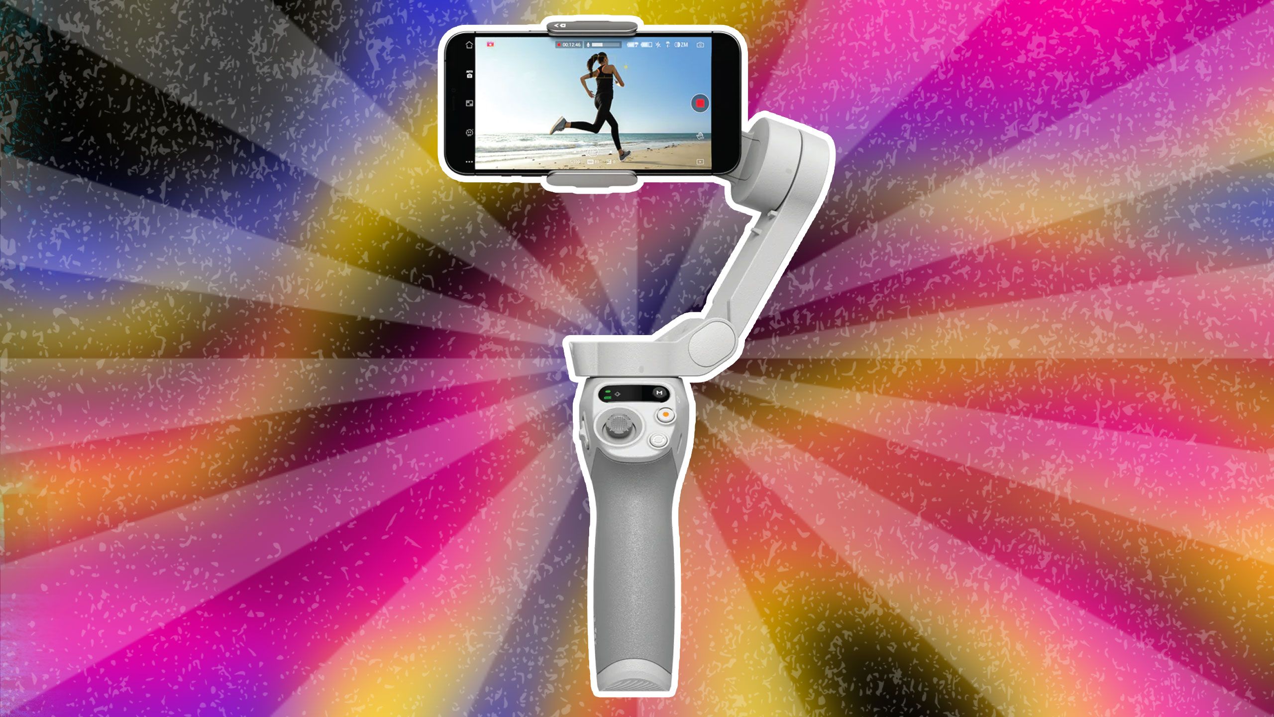 Smartphone montato su uno stabilizzatore gimbal con uno sfondo colorato e strutturato.