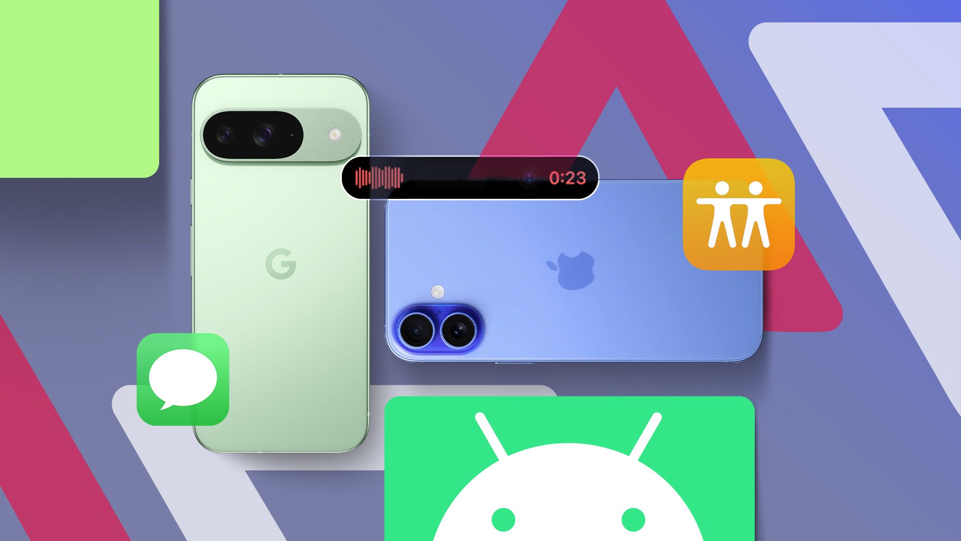 Un Google Pixel accanto a un iPhone 16 con alcune delle funzionalità dell'iPhone in evidenza.