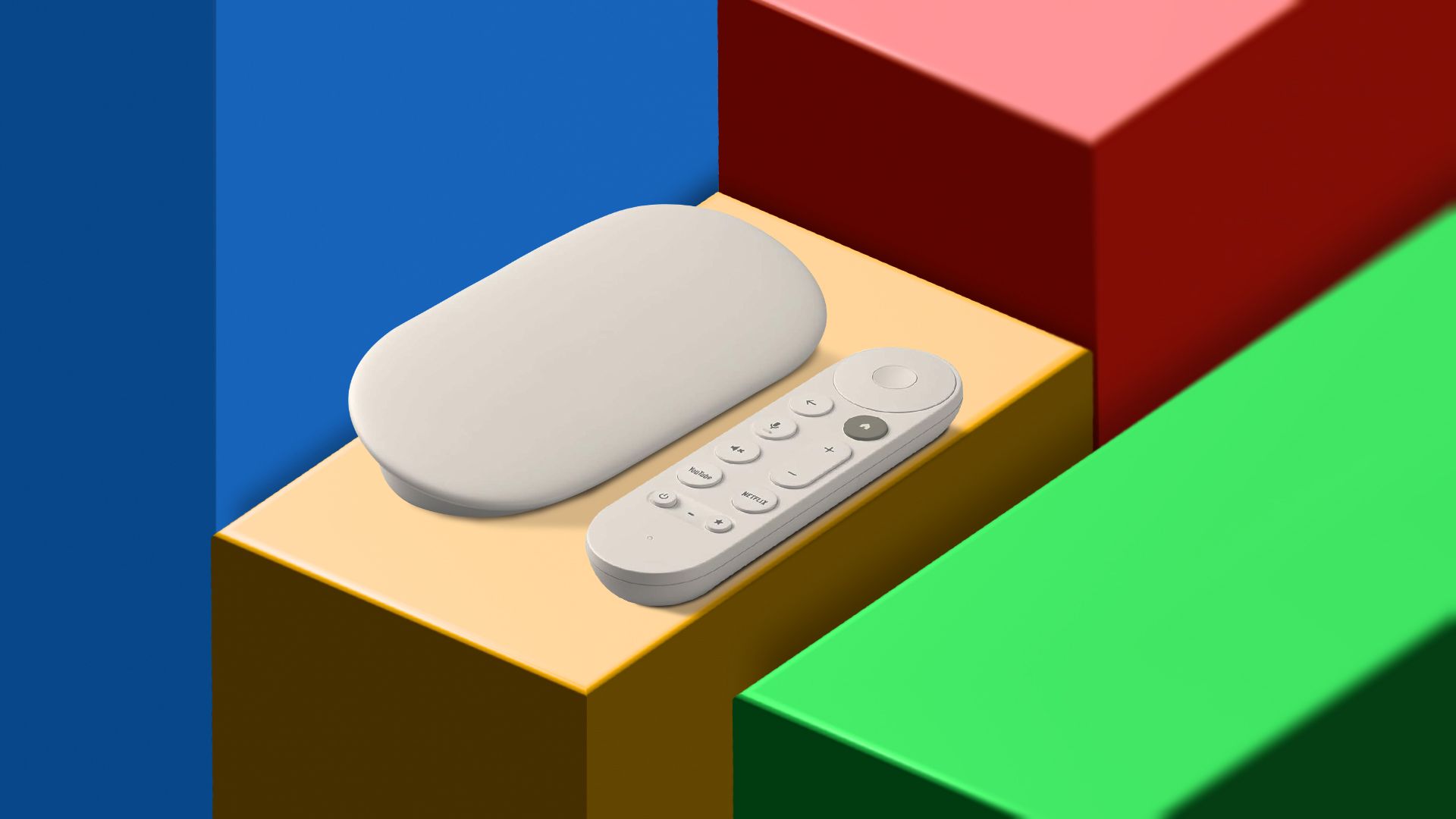 Uno streamer di Google TV su una superficie colorata con i colori di Google.