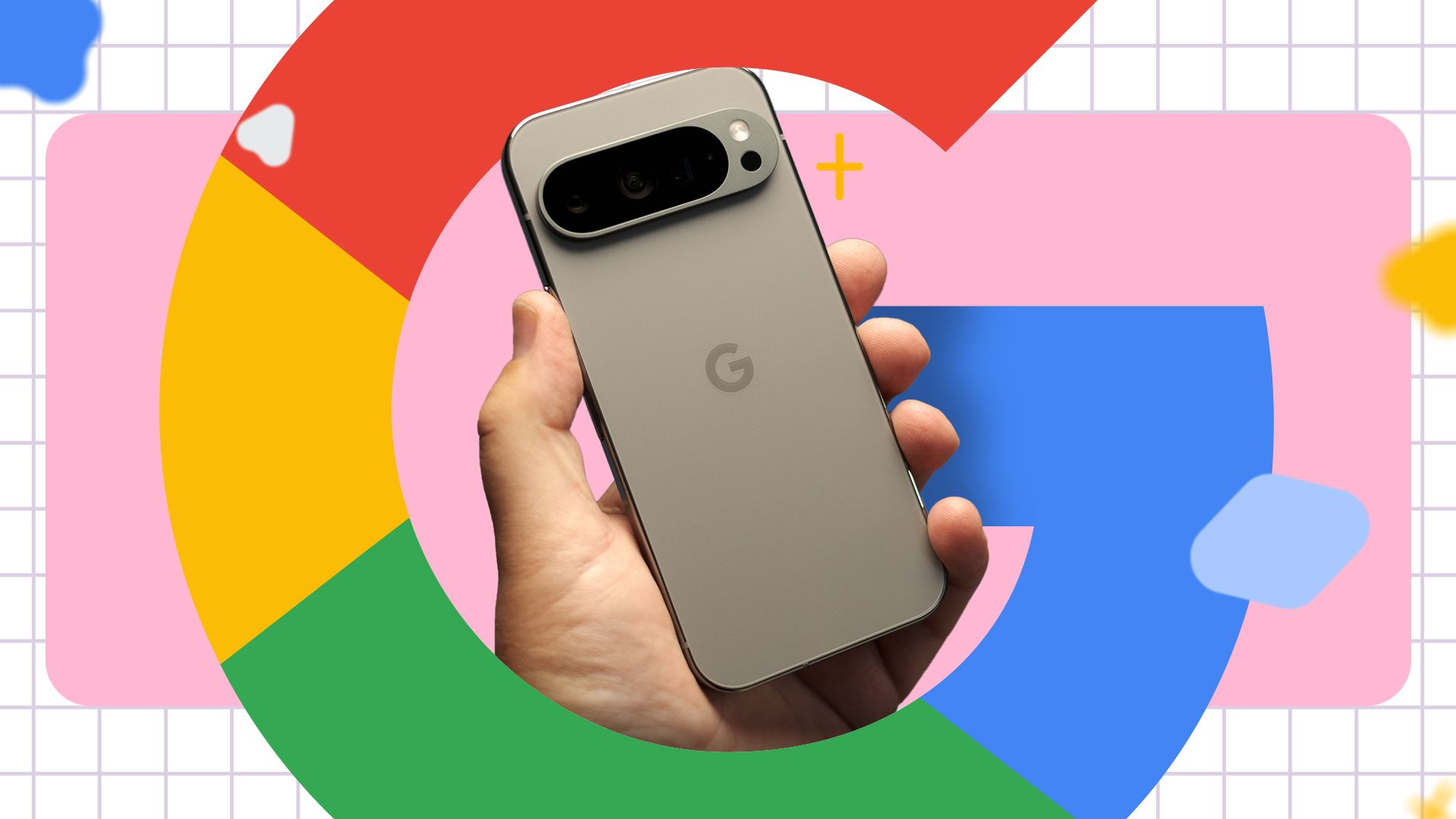 Una mano che tiene un Google Pixel con il logo Google che circonda l'immagine.