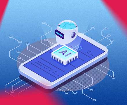 Illustration of an AI chip and robot head over an Android phone screen